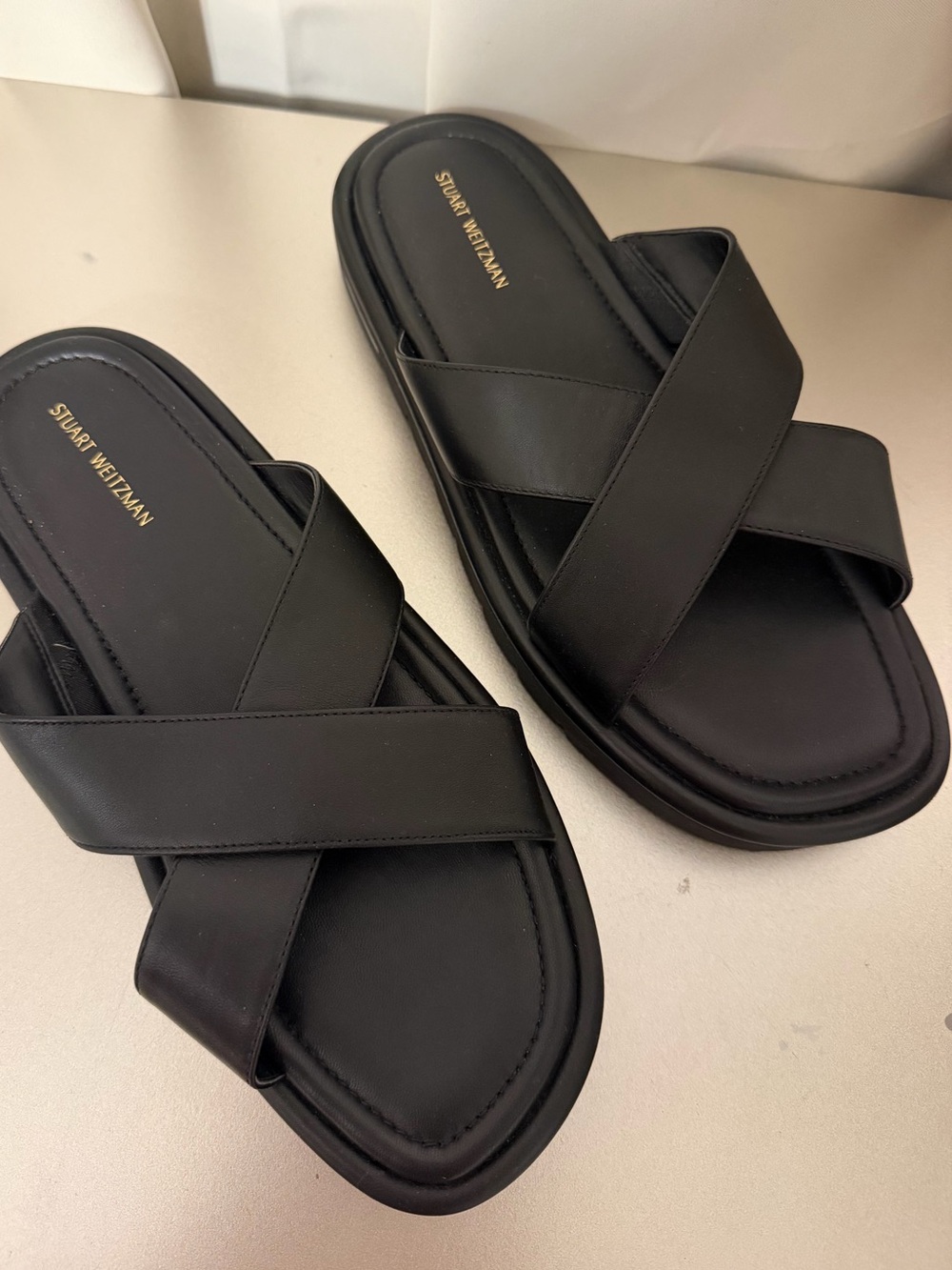 Stuart Weitzman Matte Black Crisscross Leather Slides